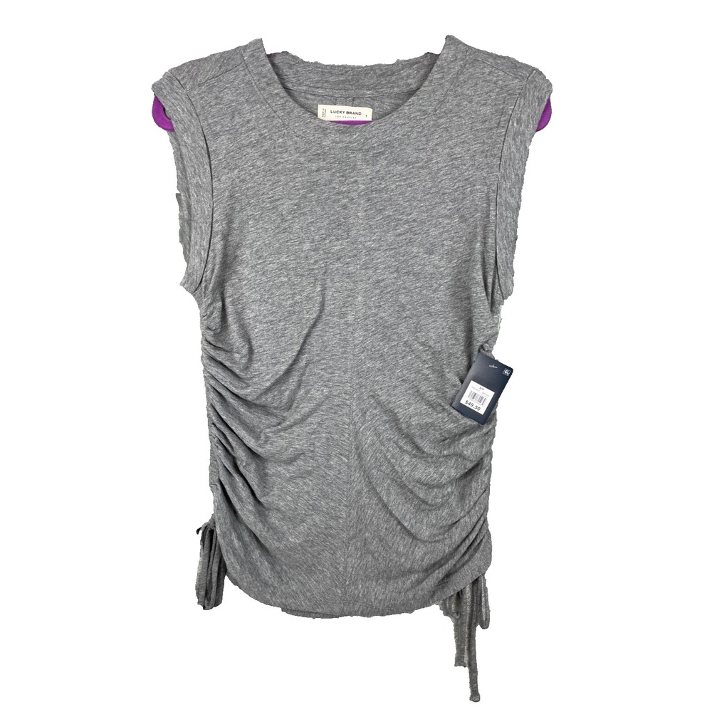 Lucky Brand Top Womens Small Gray Sleeveless‎ Ruched Drawstring Sides Shirt NEW